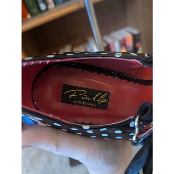 Pin Up Couture Cutiepie 7 Retro White & Black Polka Dot Mary-Jane Heels Peep Toe - Picture 4 of 7